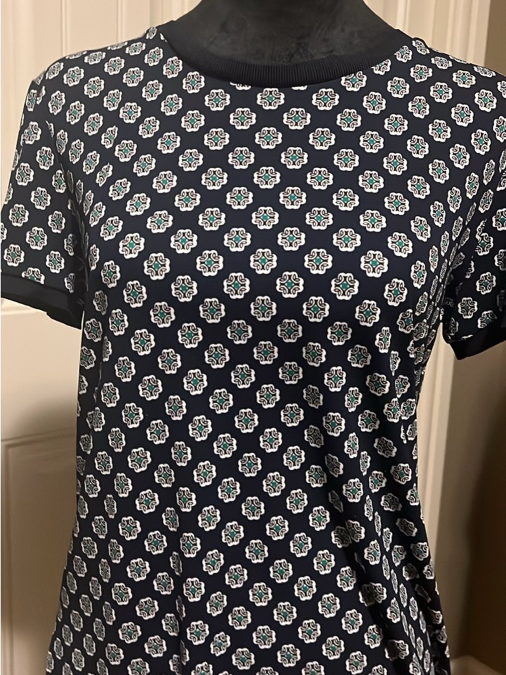 Lauren Ralph Lauren Navy Short-Sleeve Crewneck Top with Teal & White Motif